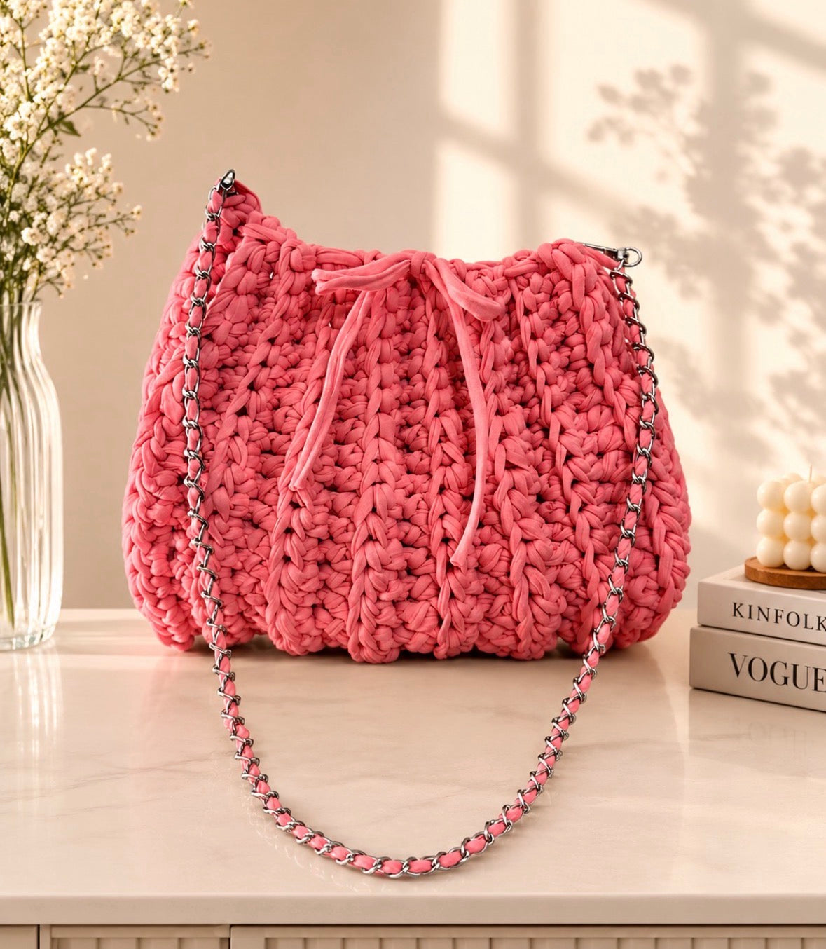 Crochet pink shoulder handmade bag